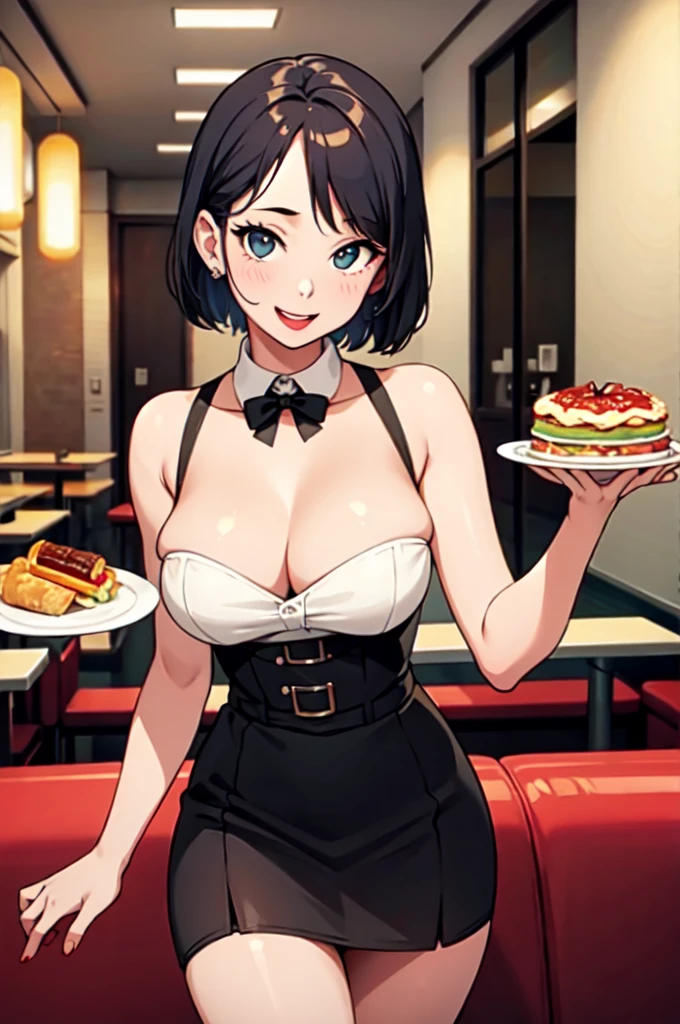 masterpiece, best quality, 1girl, solo, diner, waitress, holding a plate, happy, 1950s, cleavage, thigh, short skirt, sexy