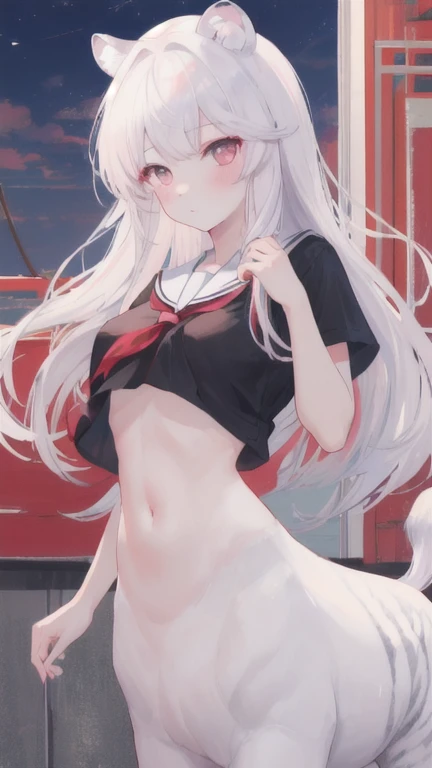 (best quality, masterpiece), 1 girl, centaur, I beg, White skin, Korean schoolgirl,daughter,black pink, exposing the abdomen, belly button t-shirt , beautiful girl perfect, White tiger photo, 완벽한 White tiger photo