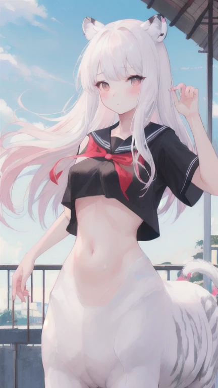 (best quality, masterpiece), 1 girl, centaur, I beg, White skin, Japanese schoolgirl, black pink, exposing the abdomen, belly button t-shirt , beautiful girl perfect, White tiger photo, 완벽한 White tiger photo
