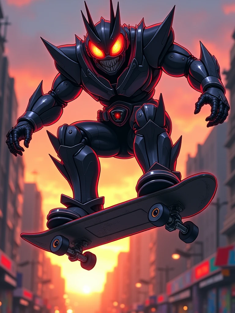A captivating illustration of Skateboard Malgam, the menacing villain from the Kamen Rider series. The character has a unique appearance, with a skateboard as its head, featuring a stylized face with glowing red eyes and a grinning expression. The body is humanoid and heavily armored, featuring sharp, angular black and silver plating with hints of red throughout. The skateboard wheels and trucks are black, and the character is shown leaping into the air in a powerful, dynamic pose.