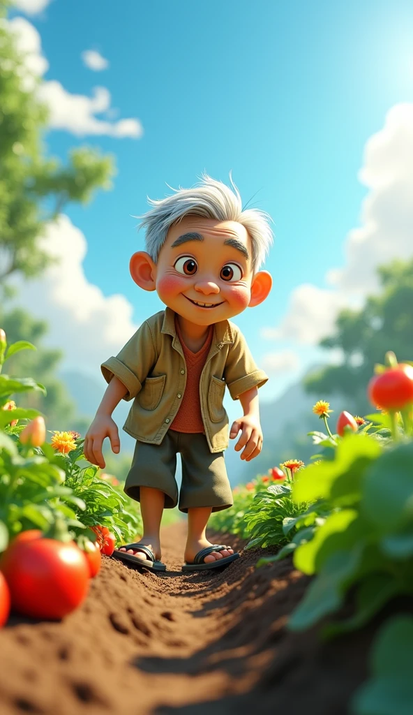 Uncle Tu is an elderly man, Lean with gray hair and tanned skin. He usually wears simple clothes like old shirts, Long pants and flip-flops. Weeding the vegetable garden
3D animation
