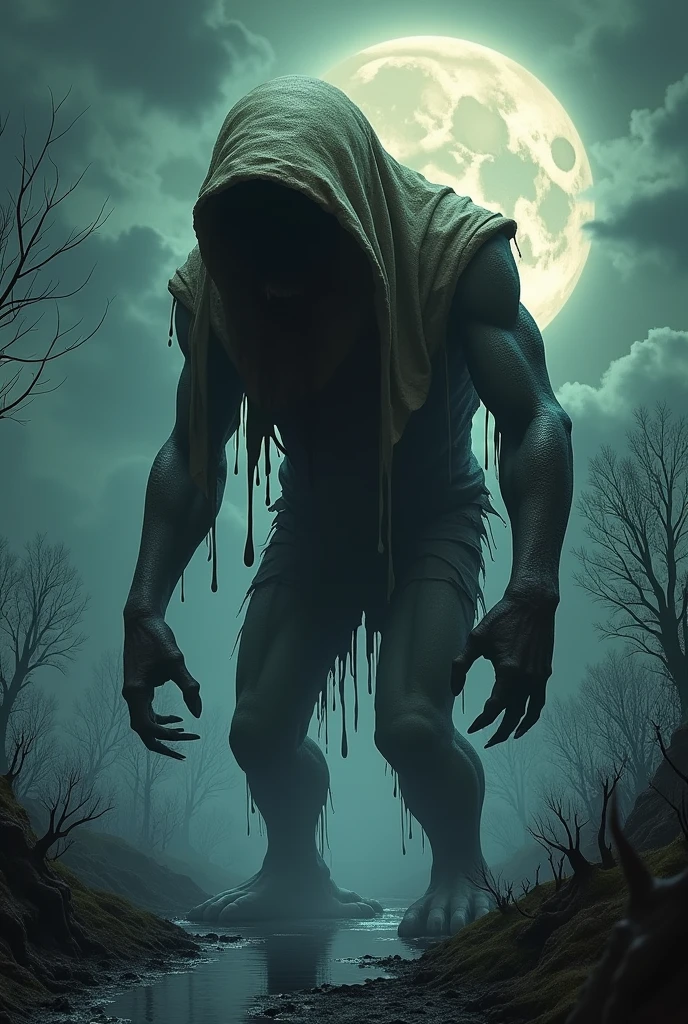 A 3-meter monster, with a bag over its face and something oozing from its body