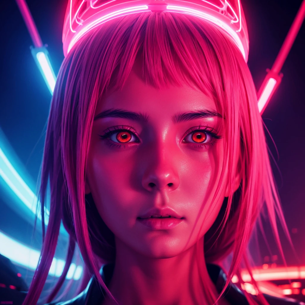makima chaisaw man vivid neon lighting, glowing eyes, red and pink hues, ethereal halo, soft facial features, intense gaze, dark background, smooth textures, anime-inspired, futuristic portrait, radiant glow, otherworldly atmosphere, surrealism, sharp contrasts, minimalistic setting, digital painting