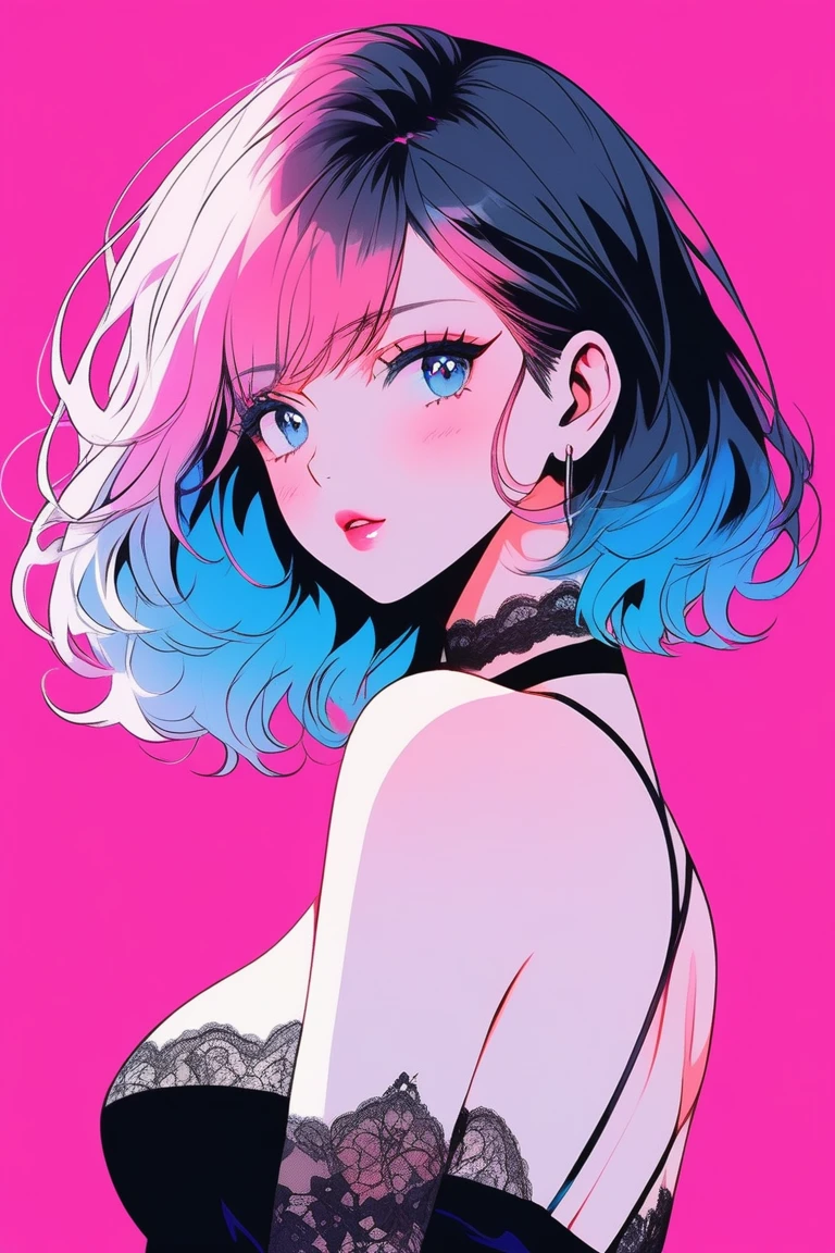 Illustrator, anime , Realistic ,sketch , 1 person, model, Age 25, lip, Black lingerie with a sheer look, featuring abundant lace., order, Blue and pink gradient background, Neon bob hair, Big Breasts, look back, Upper Body, Sexy look, Texture Trim, Russian, (masterpiece,Highest quality)
