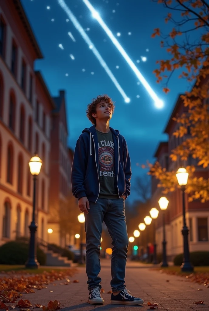 Boy in college looking up as meteors fall from the sky