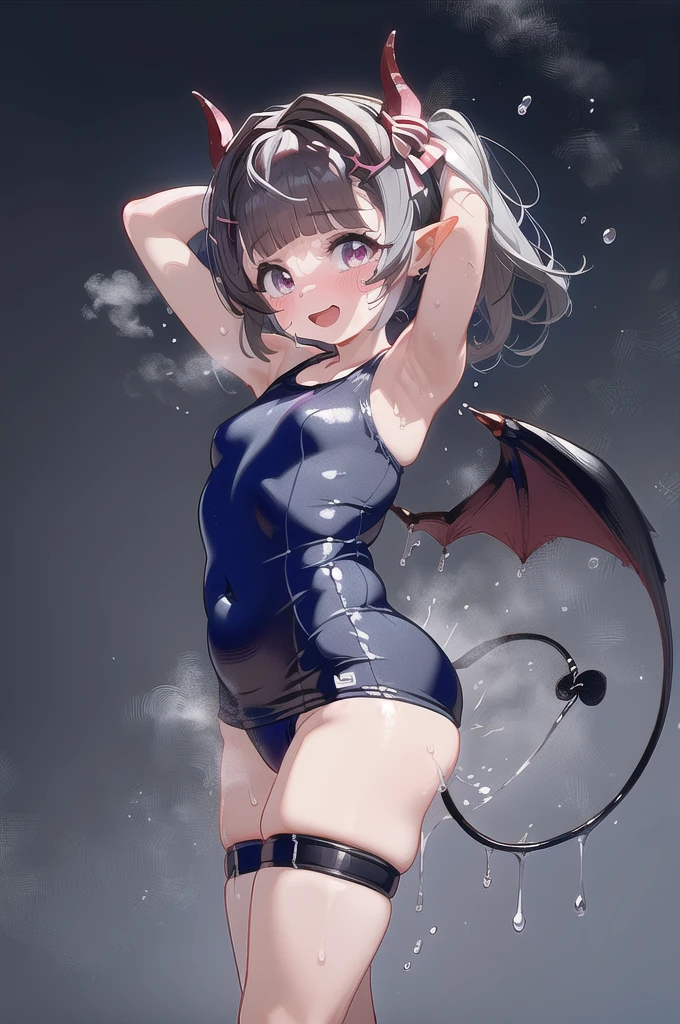 umasume
((((Crying))
1girl, solo, breasts, looking at viewer, blush, smile, open mouth, navel, twintails, swimsuit, white hair, grey hair, wings, horns, pointy ears, armpits, arms up, one-piece swimsuit, grey eyes, skindentation, thigh strap, demon girl, demon horns, motion lines, arms behind head, demon wings, plump, blue one-piece swimsuit, steaming body, belly, duel monster, armpit hair