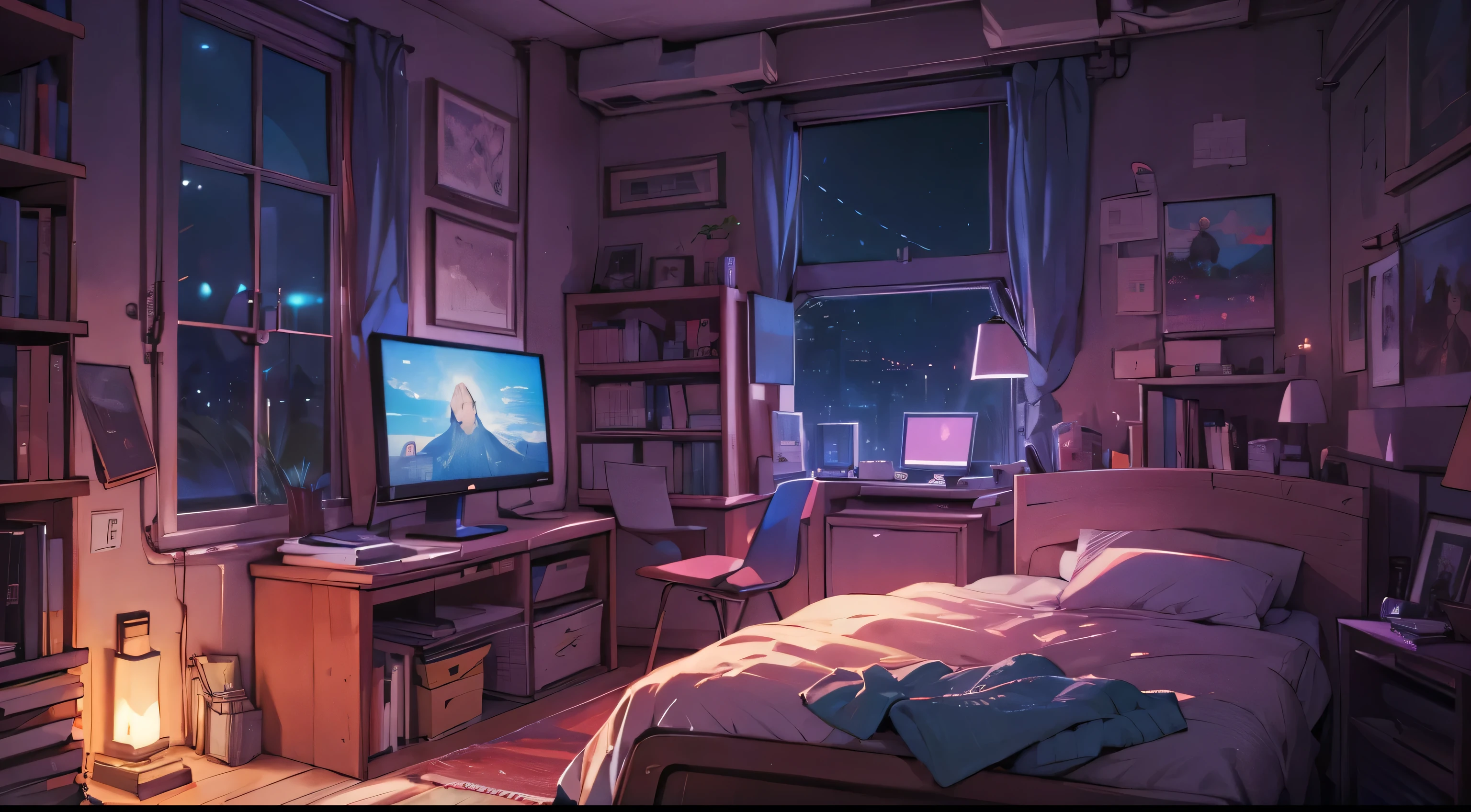 cozy room at night, Using headphones, 2D anime style, Lo-fi, highly detailed, Hard disk, anime style mixed with fujifilm, hyper realistic, 8k, Masterpiece