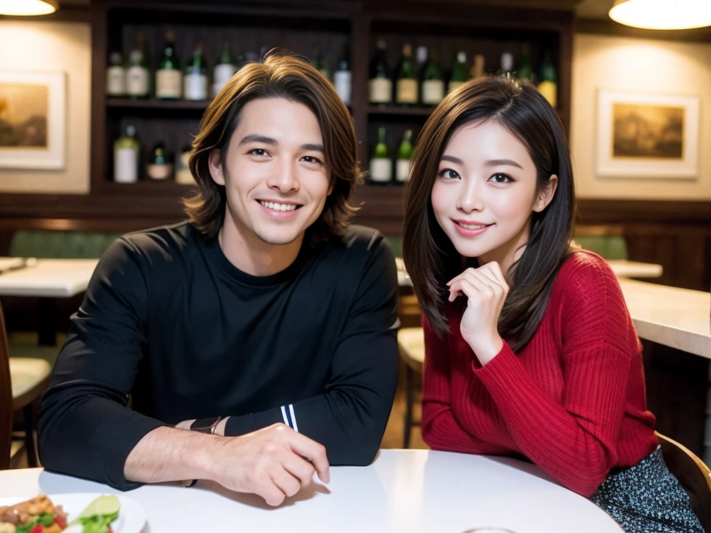 ((Highest quality、8k、masterpiece:1.3))、1 male、1 female、石原さとみ似美女Couple、spouse、Couple、The body is slim、((Bob Hale、Straight hair:1.2)), (Realistic, Intricate details:1.2), テーブルの上のwine glass、Put the light on your face、 Amazing view of the sunset sky and clouds、Amazing mountain views、A bright smile、The wonderfulness of smile、Bright image、The beauty of wine, Beautiful Face, blue eyes, The light shines on your face, blush, short hair,Bright Face、 (Age 37), 41 years old, red wine 、Appetizers、Italian food、Wine bottle、Champagne、sparkling wine、Two beauties、Brown Hair、Shortcuts、Long sleeve shirt、dress、Pretty Woman 1, (slimな顔), (The body is slim), (Brown Hair), (Shortcuts), cheeks turn a little red,Attractive beauty、restaurant, In a prominent place (From the waist up) Nova Frog Style, actress, model, Upper Body, White wine, slim, wine glass, 中央に置かれたwine glass, smile, (smile: 1.15), Beautiful fine grain, Depth f/2,saturation, High Contrast, Strong light and shadow,Moist Body:1.5、3D texture、Delicate eyes、Brown Hair、The hair is very shiny、