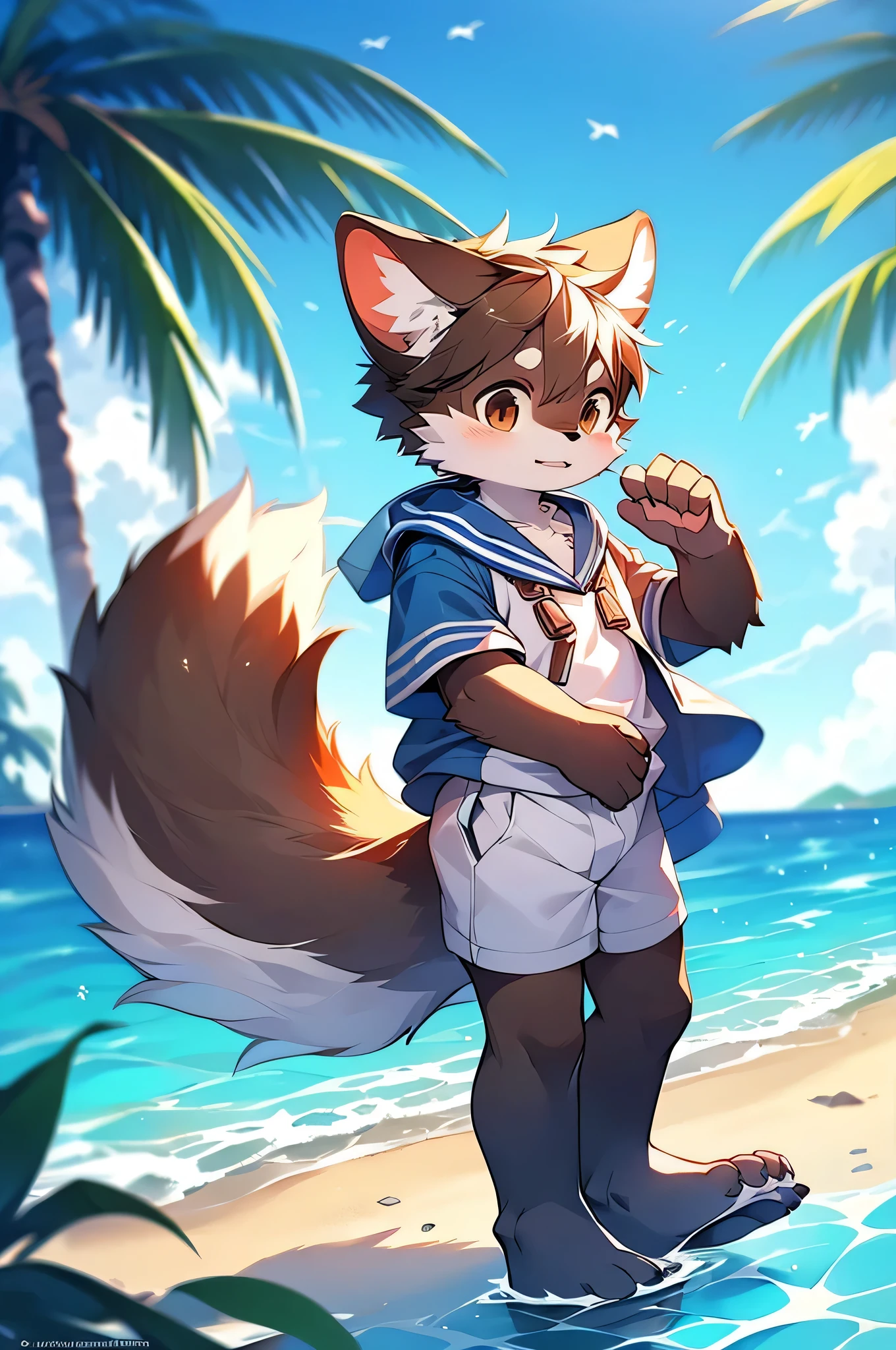 author:Kirito,Brown fur,alone,Furry,Ocean,Sailor suit