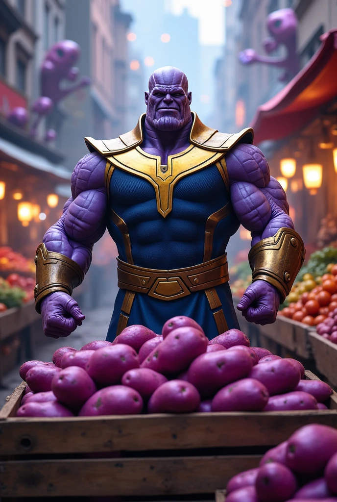 image réelle, film Avengers : Endgame, Thanos vend des patates douces violettes