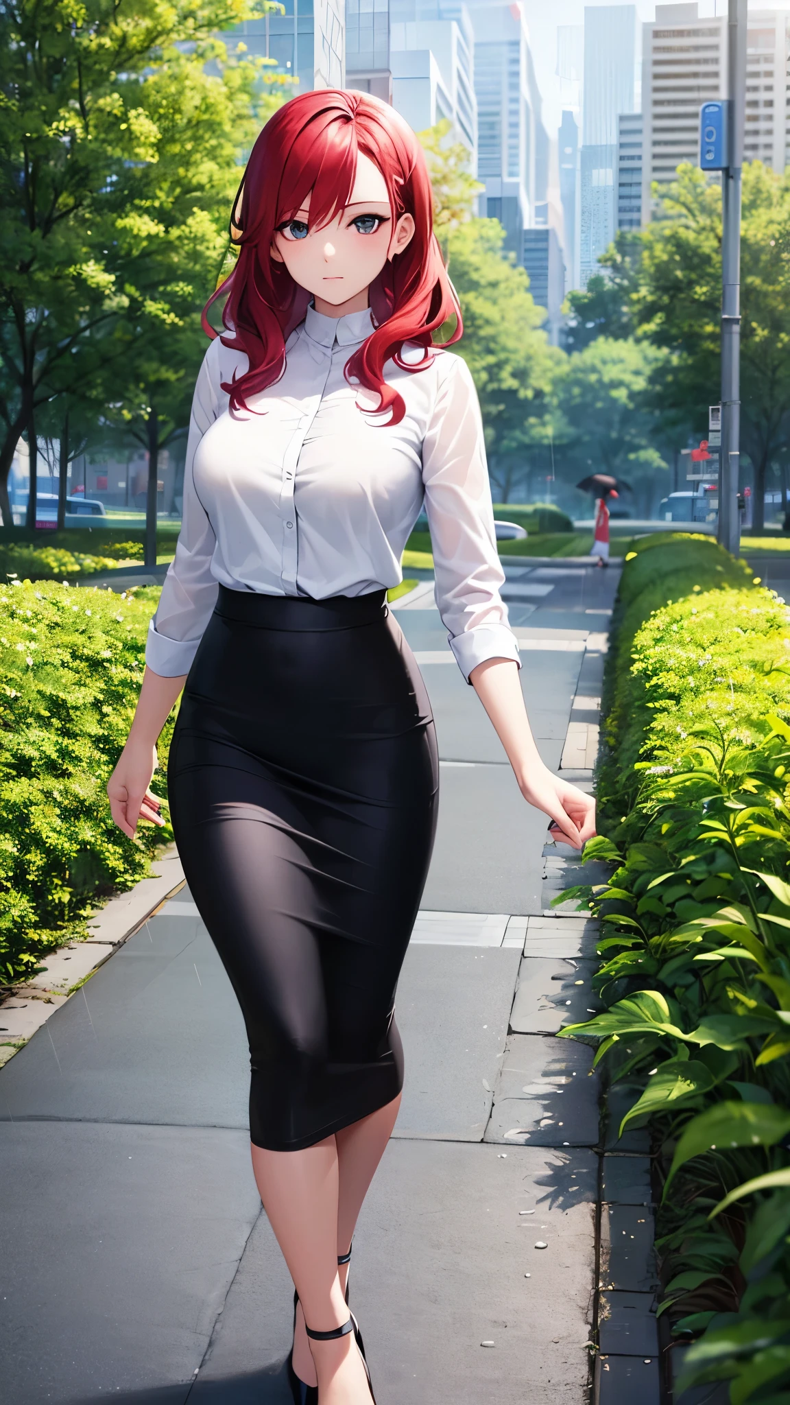 masterpiece, best quality, high detail, beautiful woman, wavy hair, red hair, low ponytail, white blouse, long black pencil skirt, heels, looking at viewer, wide eyed, spring garden, cloudy sky, rainy backdrop, park, trees, walking,