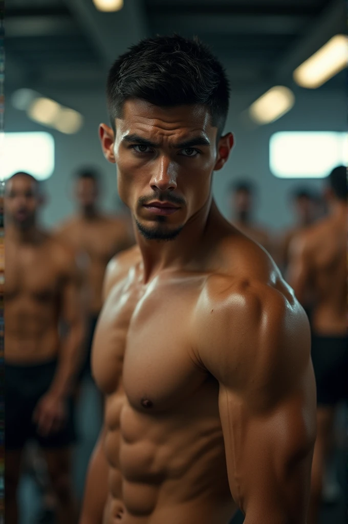 Vicious young man,Short black hair,Detailed and realistic face and eyes,Determined gaze,Toned body,Eight-pack abs,Close up,4K,A gym full of men,model shoot style,Cinematic lighting,Dynamic