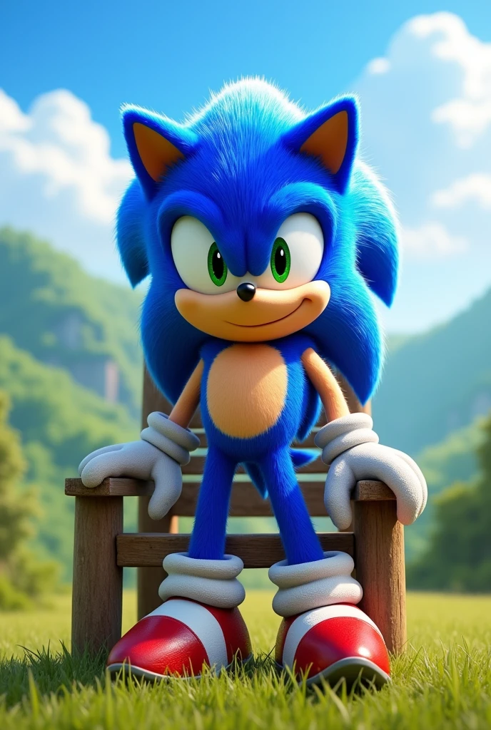 Sonic the hedgehog , solo, looking at viewer, smile, 1boy, standing, full body, sitting on chair, looking at viewer