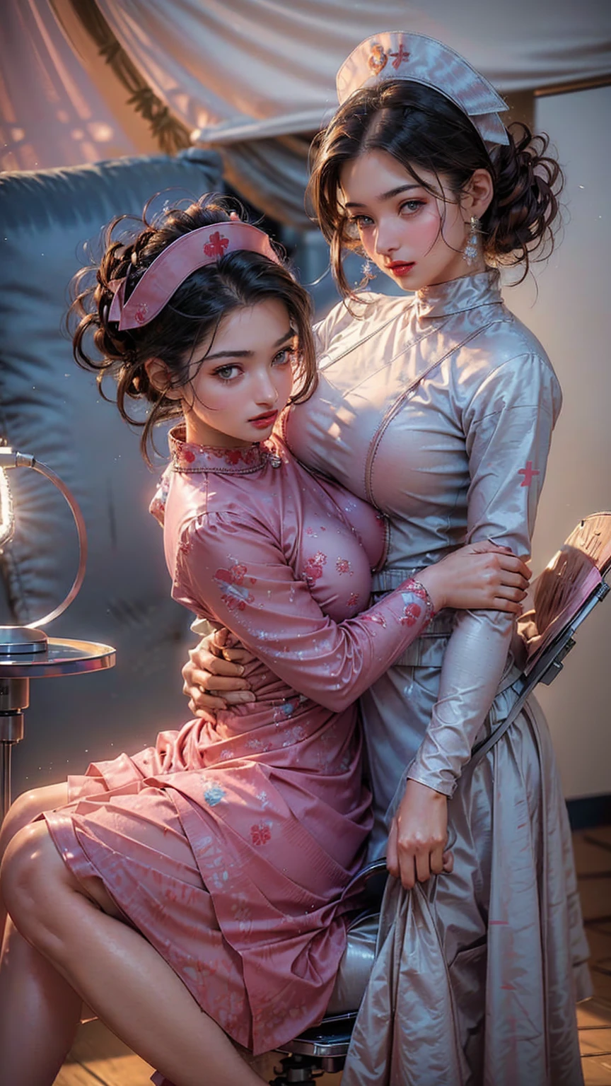 bedroom,big bed,There are paintings on the walls,curtain,Standing,2 girls,((face to face)),Kiss each other,((Their chests were squeezed together and deformed)),bun,Shy smile,((The hemp rope is wrapped around the neck and tightened)),Short cheongsam,((huge boobs:1.4)),arms were tied behind the back with hemp rope,Cross hands behind back,Wrists tied together with hemp rope,Thin waist,