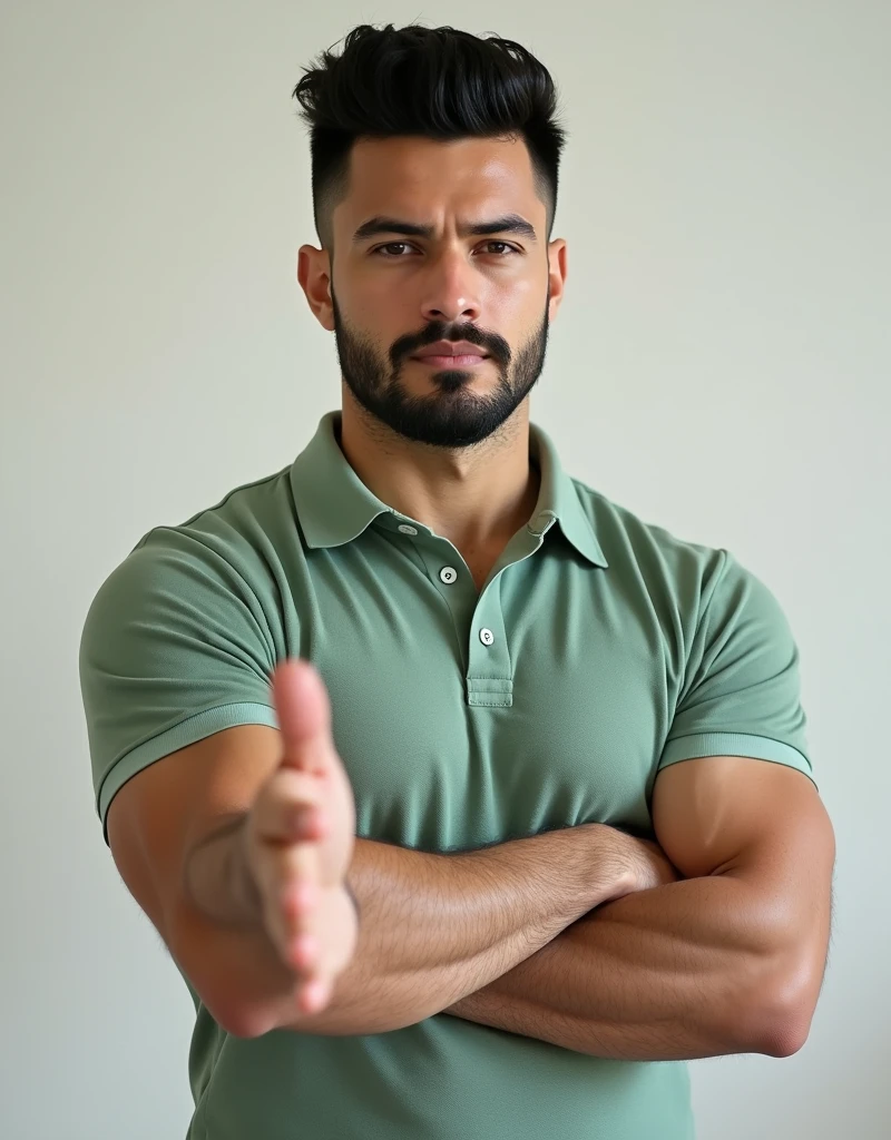 A confident man with short, black hair and a neatly trimmed, light beard faces the camera directly. He stands with a relaxed posture, his right arm extended and pointing towards the left side of the image, as if directing attention to something off-frame. His muscular, bodybuilder-like physique is highlighted by a tight-fitting light green polo shirt, His expression is calm and serious, exuding a composed and relaxed demeanor. The background is plain, keeping the focus entirely on the subject, and the image is highly detailed and polished.