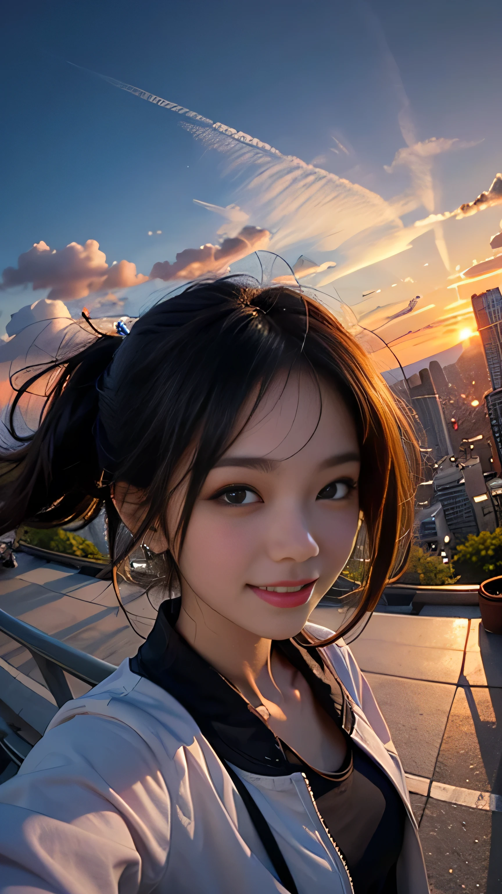 One girl, Korean, Fisheye Lens, Selfie, Wind, Messy Hair, sunset, Cityscape, (Aesthetics and atmosphere:1.2),smile