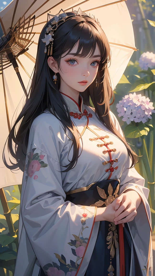 ((best quality)), ((masterpiece)), (detailed), perfect face, ((Best quality, 8k, Masterpiece: 1.3)), Sharp focus, Highly detailed face and skin texture, Detailed eyes, detailed fingers, traditional Chinese costume, royalty, empress, luxury, navy hair, straight hair, cowboy shot, Hydrangea flower, Bamboo forest in the background
