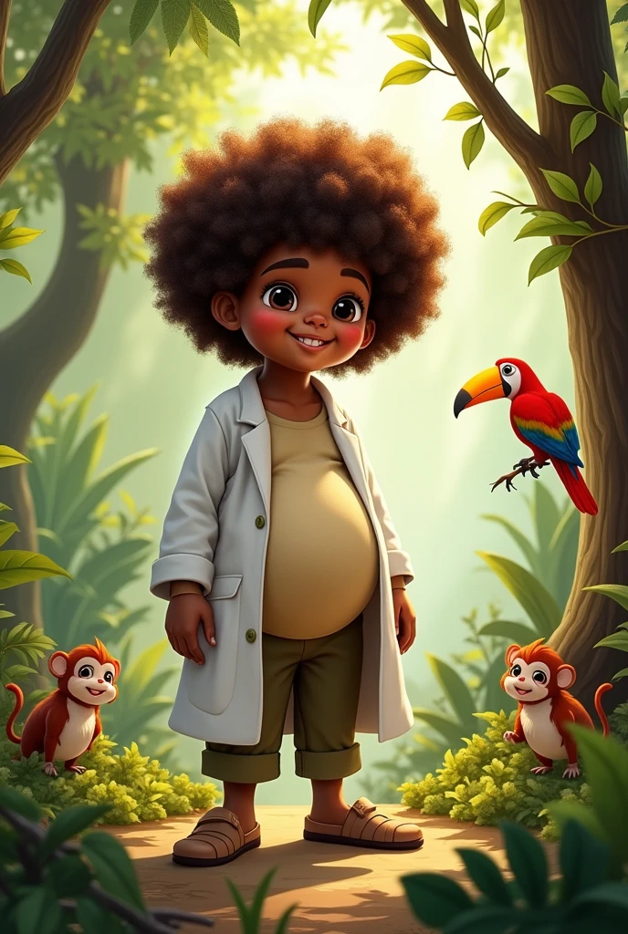 brown skin,wears a white coat,has big hair with safari,and short and pot-bellied
