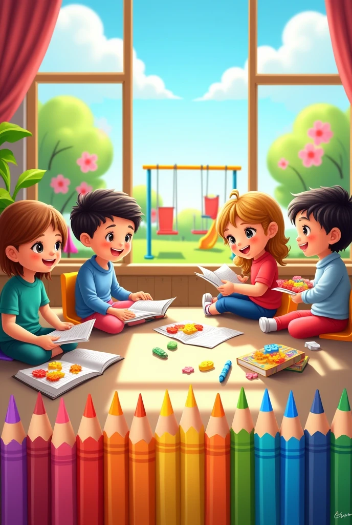 Write on poster《Bakam Kindergarten&Bakam Kindergarten》
~Draw a poster
~Background picture suitable for kindergarten stage
~Have colorful crayons