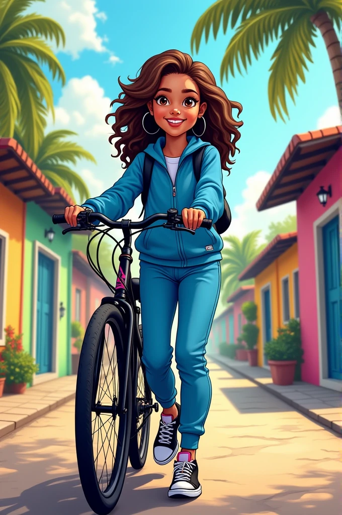 In the cartoon style, draw a girl walking with a black bike with some little pink details by her side, she is in a simple brazilian neighborhood in a sunny day. She has a calm smile, a necklace, brown eyes, a simple uniform made of a simple tracksuit and pants (both are blue), her hair is curly and brown and her shoes are like black and white airjordans.