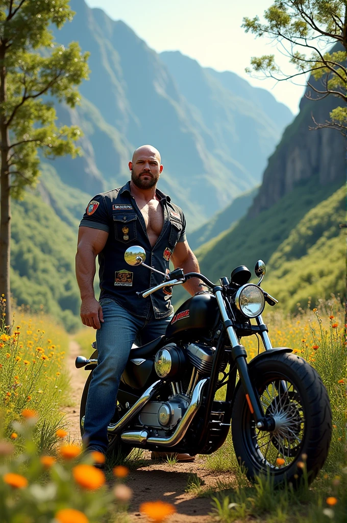a muscle, barbu, ultra hairy man standing next to his very big vintage motorcycle, press d'a river canyon in a desert, il porte un short moulant en cuir noir