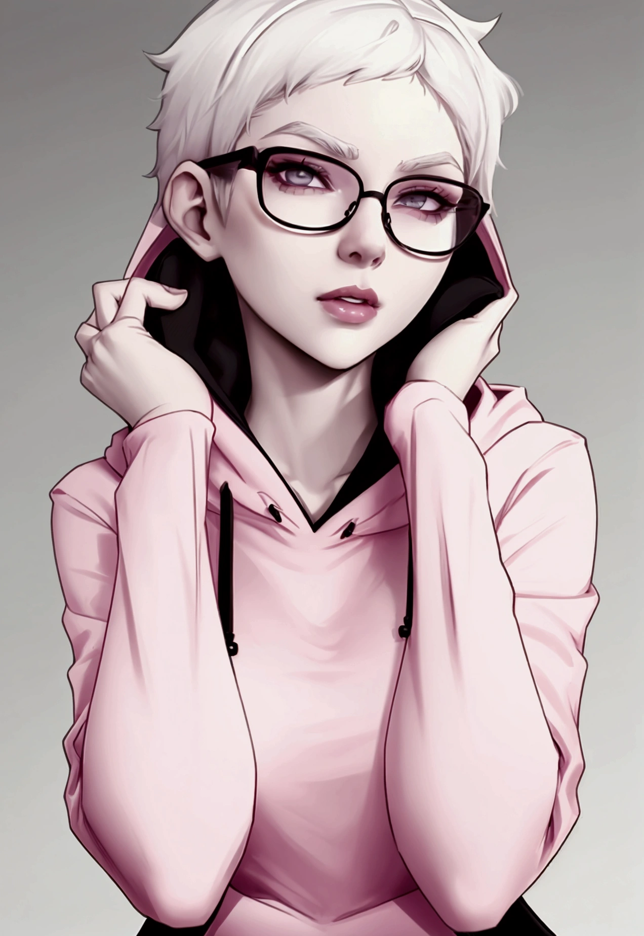 ((best quality))(more detailed)(best face)(best anatomy)(best hands)1 girl,short white hair, pale white skin, pink glasses with black frames, black hoodie, black jeans,Emilia, ager, small breasts