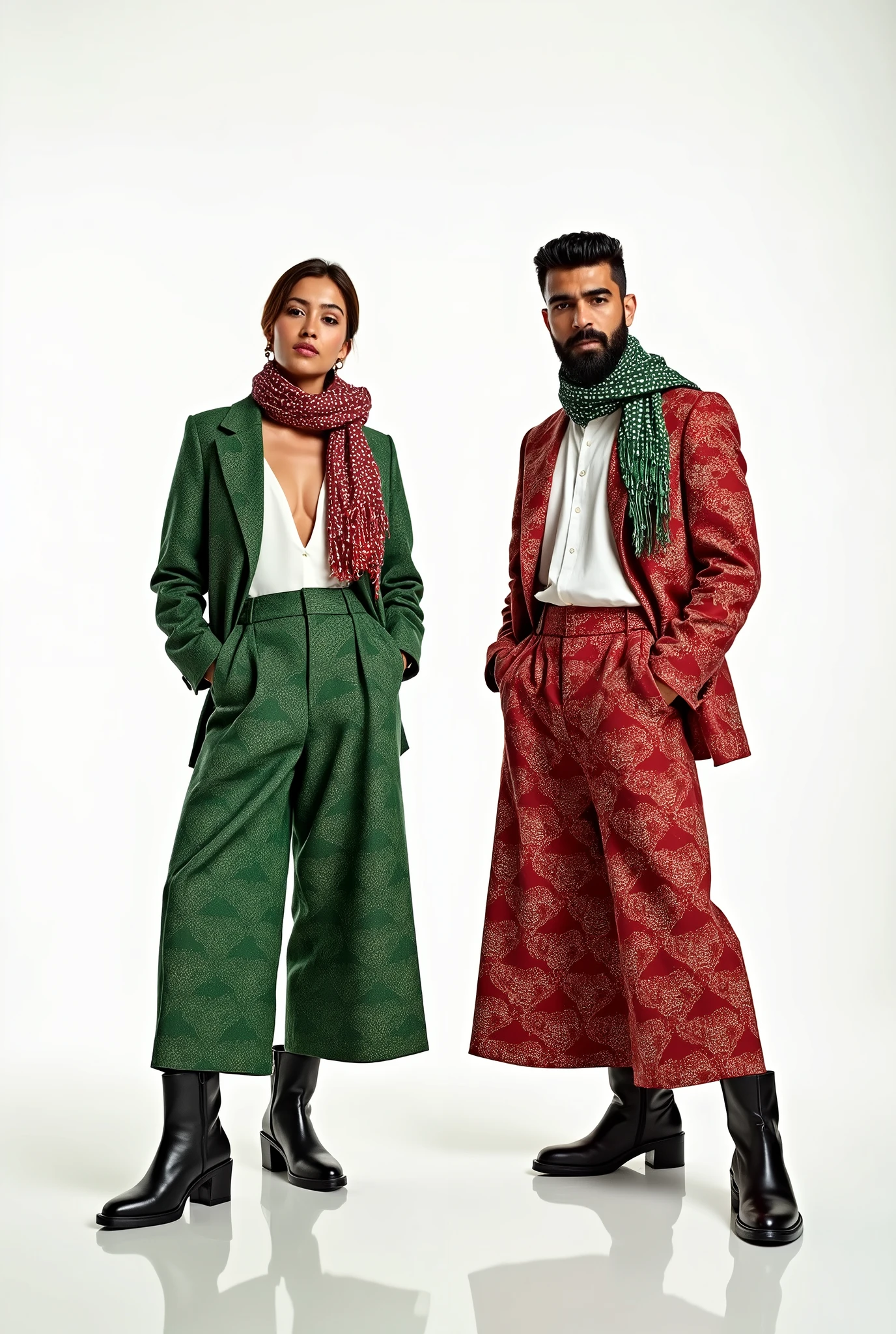 woman and man wearing green red classic suit with lot of palesteinian pattern ,oversize pants, white shirt ,Palestinian keffiyeh , high boots ,white background , model , photoshooting ,space between them , posing