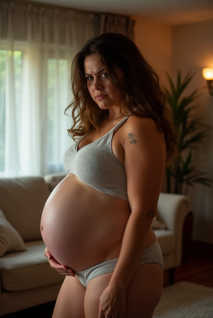 Very pregnant woman  underwear  angry 