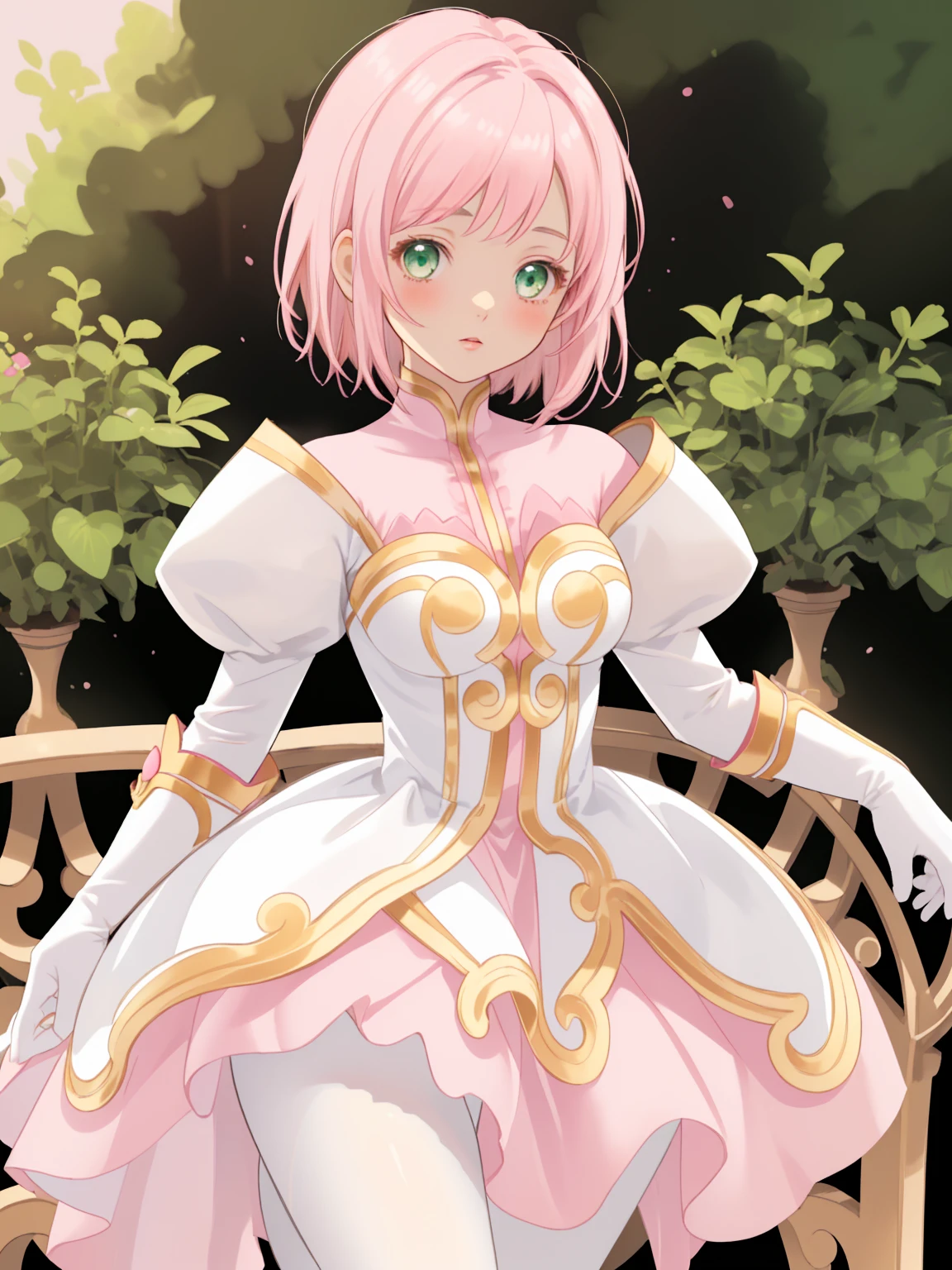 masterpiece, Highest quality, alone, One Girl,Estellise Sidos Heurassein, Pink Hair, short hair, Green Eyes, Small breasts, White and pink dress, Glamorous Dress, Pink collar, Pink Skirt, White boots, White gloves, (Black Pantyhose, Black legwear:1.1)whole body, Little:5, cute, (Beautifully detailed face), (Beautiful attention to detail), (Beautiful detailed hair), mini skirt, (skirt lifted by self:1.2), pov