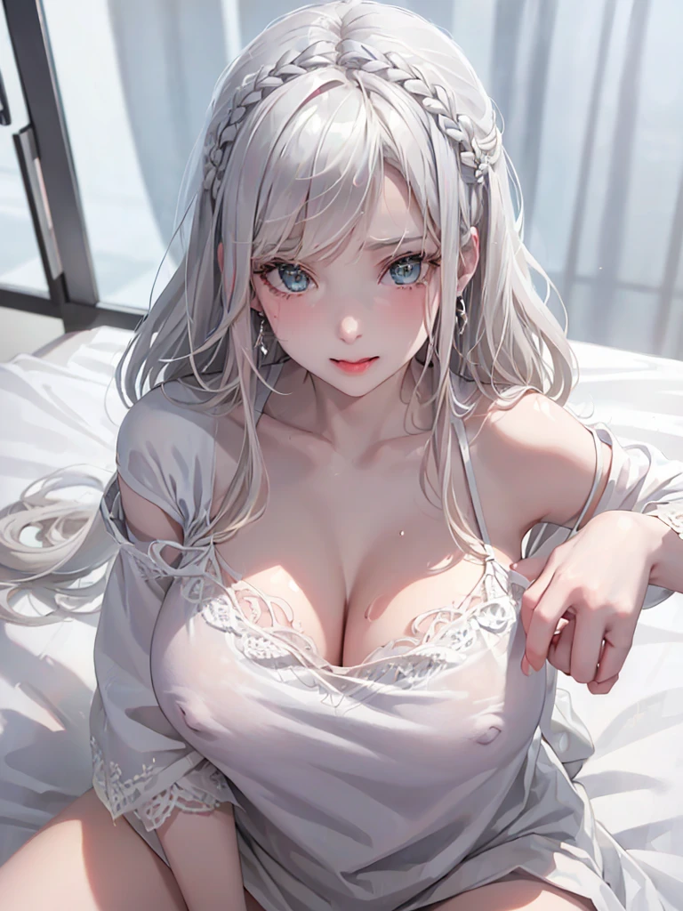 1Girl, 25 years old, Solo, Anime, Ideal body, (Cleavage, Small breast). Beautiful, Gorgeous, Fresh, Blunt Bangs, (White Grey Hair:1.5),(Straight and Wavy Long Hair:1.3), colorful cloth, random cloth, casual shirt, casual dress, casual skirt, camisol, cotton texture, laced cloth, casual pants, Off-Shoulder, Oversize, Comfort, Loose shirt, Fabric Texture. (Sit on bed:1.3). Earrings, Thin Black Headband, Green Accessories, Environmental Details, Bed Room, Natural Light, Modern Bed, Chair, Window, White Curtain, City View. pov, anime style, UHD, retina, masterpiece, accurate, anatomically correct, textured skin. High Resolution, Looking at viewer, Blush, Best Quality, Award Winning, Accurate, Embarrassed, seductive smile, sweating, Naughty Face, Chin up, Gradient Eye Color, Sexy Pose. Top view shot, body bent to viewer ,front of camera, looking up to viewer, tongue out. From Above, Close-Up, (sticky goo on breast), (white goo on body), (sweating). Milk, white milk on breast.