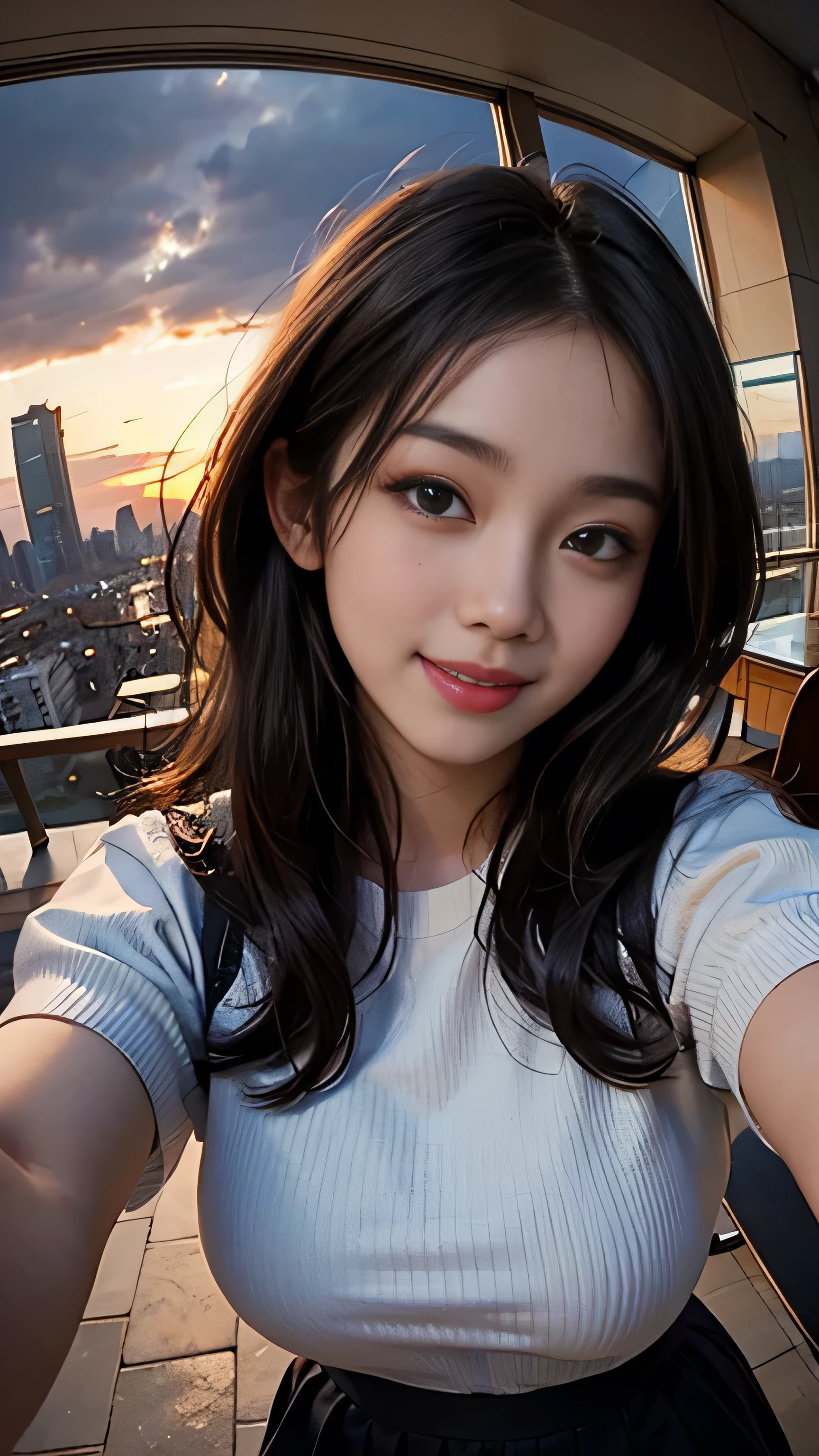 One girl, Korean, Fisheye Lens, Selfie, Wind, Messy Hair, sunset, Cityscape, (Aesthetics and atmosphere:1.2),smile