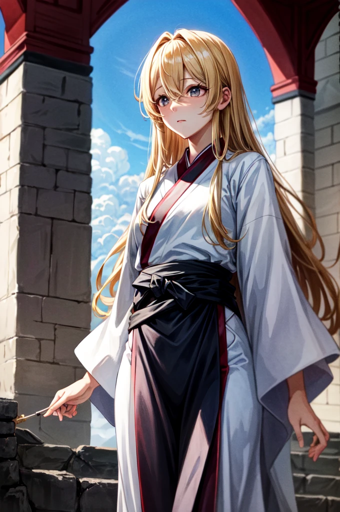 １People Women, white Hanfu, Tight waist, Straight Hair, hair over  eyes, despair, absurdly long hair, blonde hair, empty eyes, An old Chinese castle in the background, five fingers, anime, cinematic lighting, cowboy shot, UHD, retina, masterpiece, accurate, anatomically correct, textured skin, super detail, high details, high quality, award winning, best quality, highres