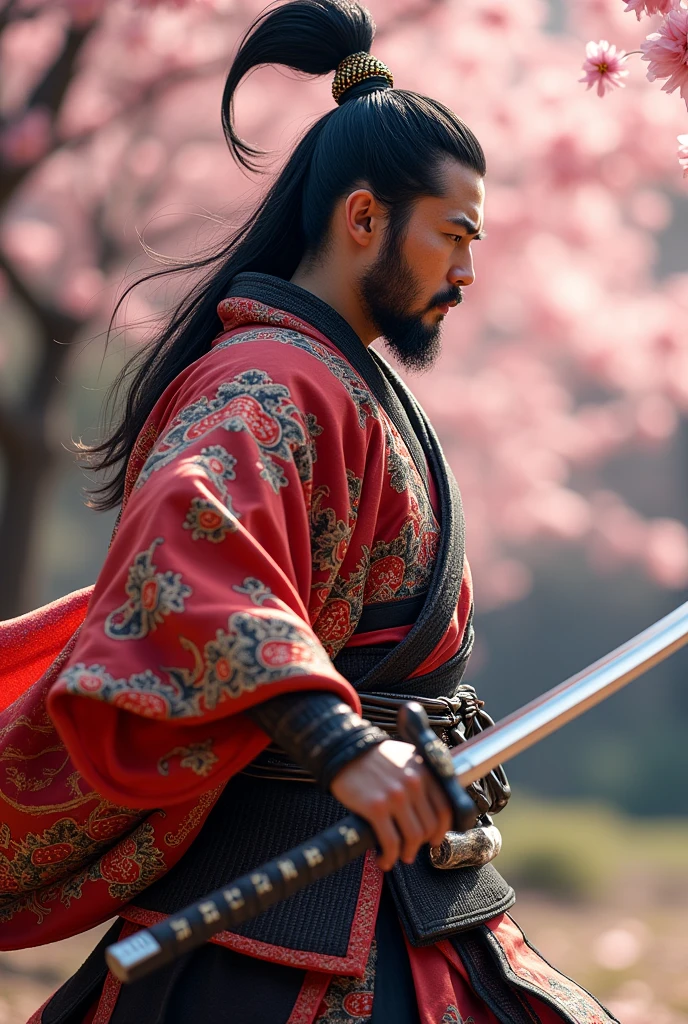 Medium shot of Japan warrior, in traditional costume, fighting pose, painting and photography style, , best quality, super real, realistic,16k, high detail, high resolution, professional, HDR, extreme detail, Movie master live image quality