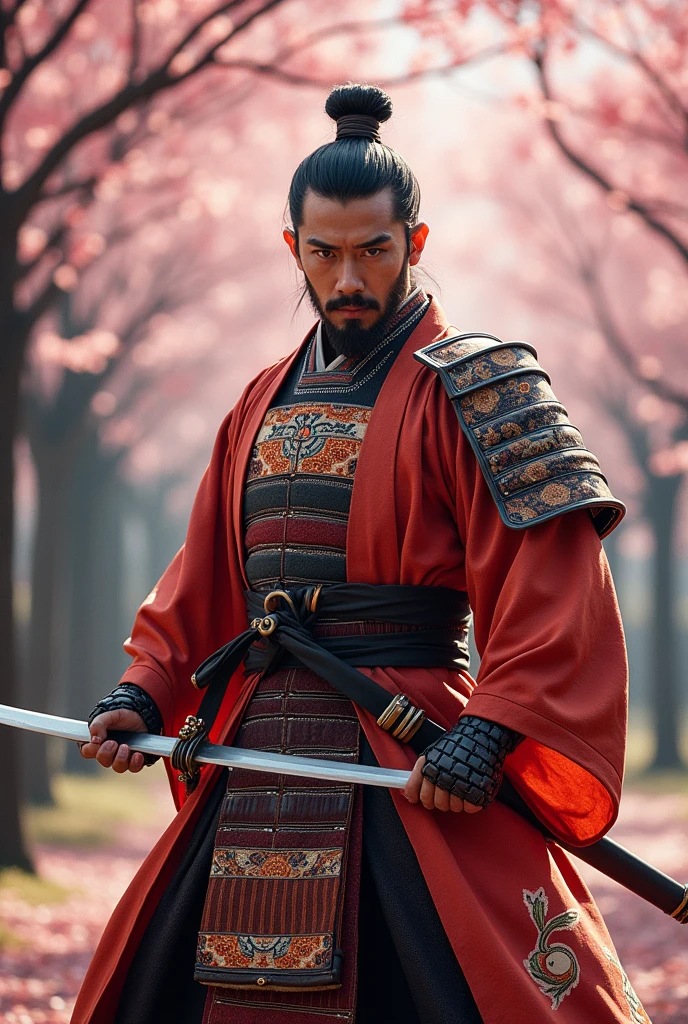Medium shot of Japan warrior, in traditional costume, fighting pose, painting and photography style, , best quality, super real, realistic,16k, high detail, high resolution, professional, HDR, extreme detail, Movie master live image quality