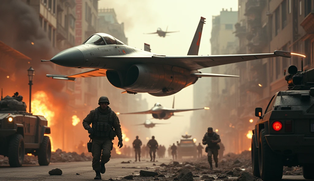 enemy jets attack the city, futuristic jets with original shapes, accompanying infantry soldiers running around, detailed military vehicles, realistic military uniforms and equipment, dynamic military action scenes, fires burning in the background, dust and debris flying, cinematic lighting, gloomy and stagnant atmosphere, the horrific reality of the battlefield Close-up view of a fighter jet, conveying the horrific reality of the battlefield,