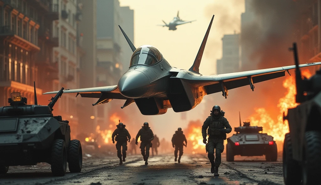 enemy jets attack the city, futuristic jets with original shapes, accompanying infantry soldiers running around, detailed military vehicles, realistic military uniforms and equipment, dynamic military action scenes, fires burning in the background, dust and debris flying, cinematic lighting, gloomy and stagnant atmosphere, the horrific reality of the battlefield Close-up view of a fighter jet, conveying the horrific reality of the battlefield,