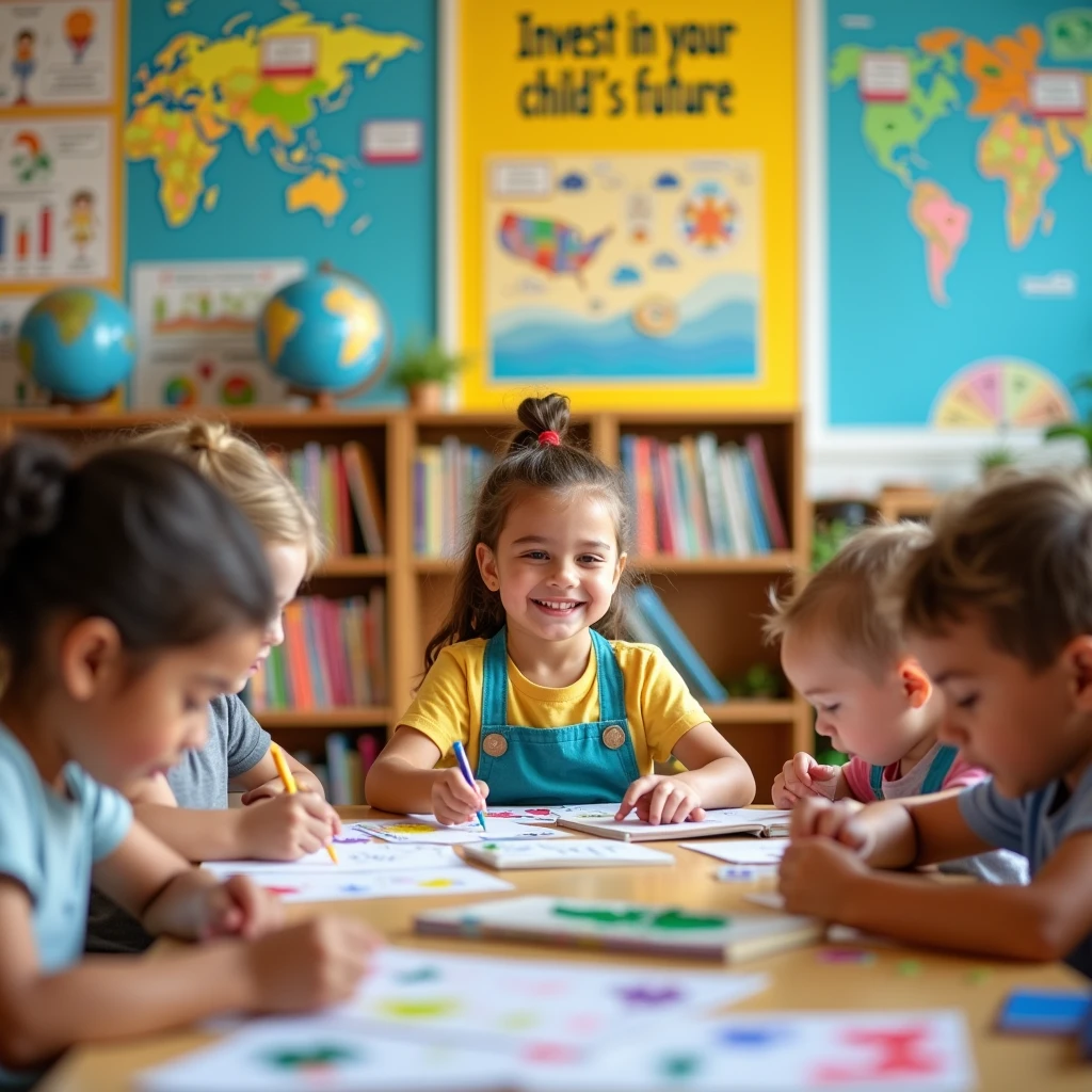 Create an inspiring and engaging image that conveys the idea of investing in children's futures. The image should represent a welcoming and positive educational environment. Include a vibrant classroom environment where 6-year-olds are actively engaged in educational activities such as reading, science, or art. Add elements that suggest growth and the future, like books, globes, and progress charts. The text “Invest in your child’s future: registrations now open” should be prominently displayed, perhaps on a banner or poster, in a friendly, attractive font. Use vibrant colors and an upbeat atmosphere to convey a sense of excitement and opportunity. realist image