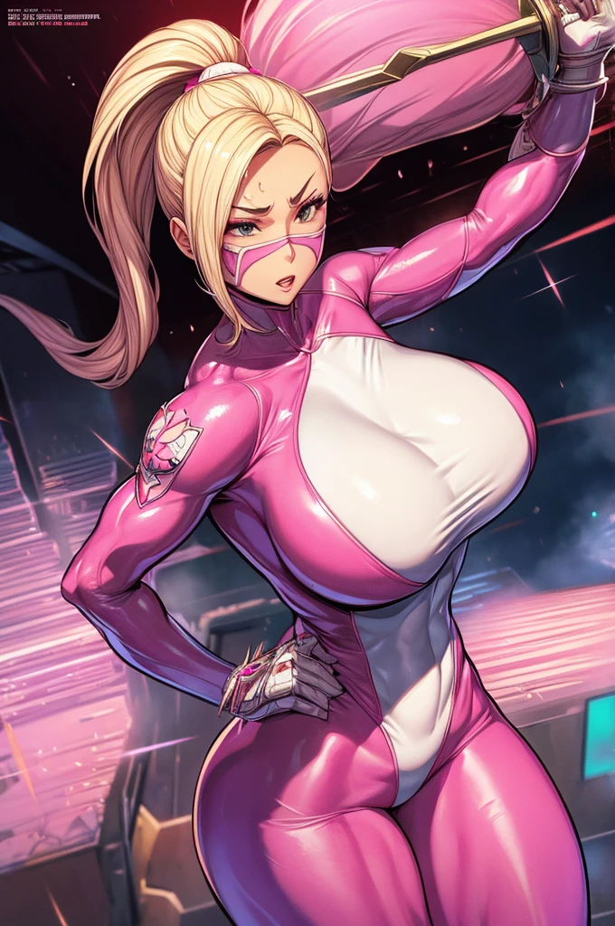 ((Best quality)), ((Masterpiece)), ((Realstic)) and ultra-detailed pchaudography, Gwenpool, Pretty 1 Girl marvel universe, 
"A highly detailed and dynamic illustration of a female superhero inspired by the Marvel Universe. She has an athletic and curvy physique with a narrow waist, glossy lips, and defined muscles. She is wearing a tight white and pink spandex bodysuit with a distinctive white capelet reminiscent of Gwenpool's style. Her half-face mask reveals her ponytail with blonde hair and pink eyes. She is in an action pose, wielding two Uzis in her hands while katanas are strapped behind her back. The setting is a combat environment with flying bullets, enemy blood, and a powerful expression on her face. The image is rendered in 4K quality, capturing the intricate details of her outfit, weapons, and the dynamic atmosphere of the battle."

