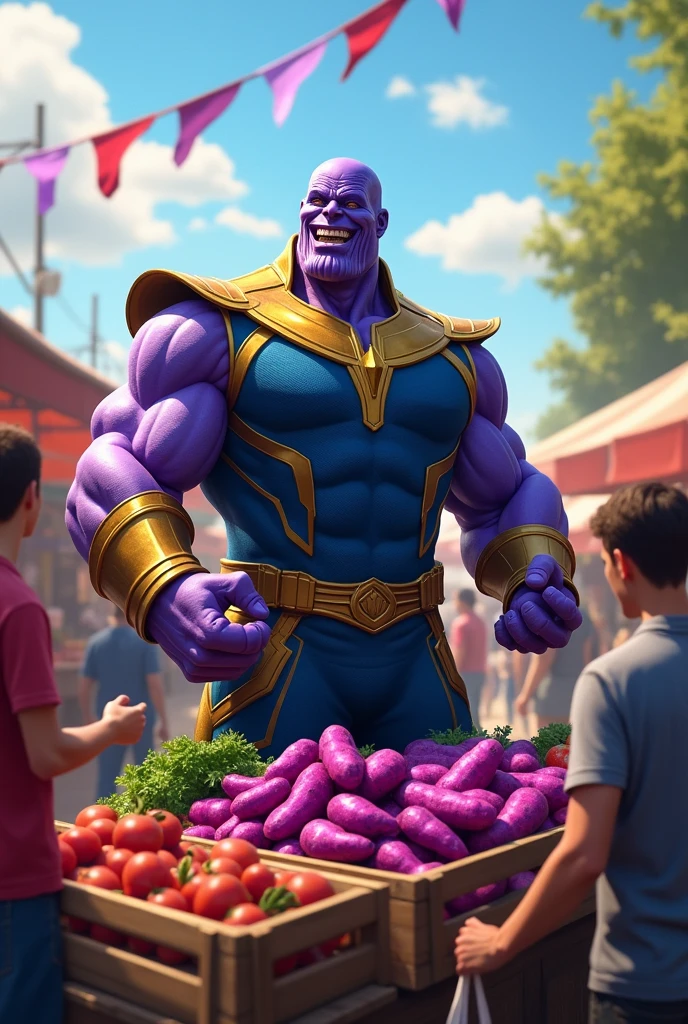 image réelle, film Avengers : Endgame, Thanos vend des patates douces violettes