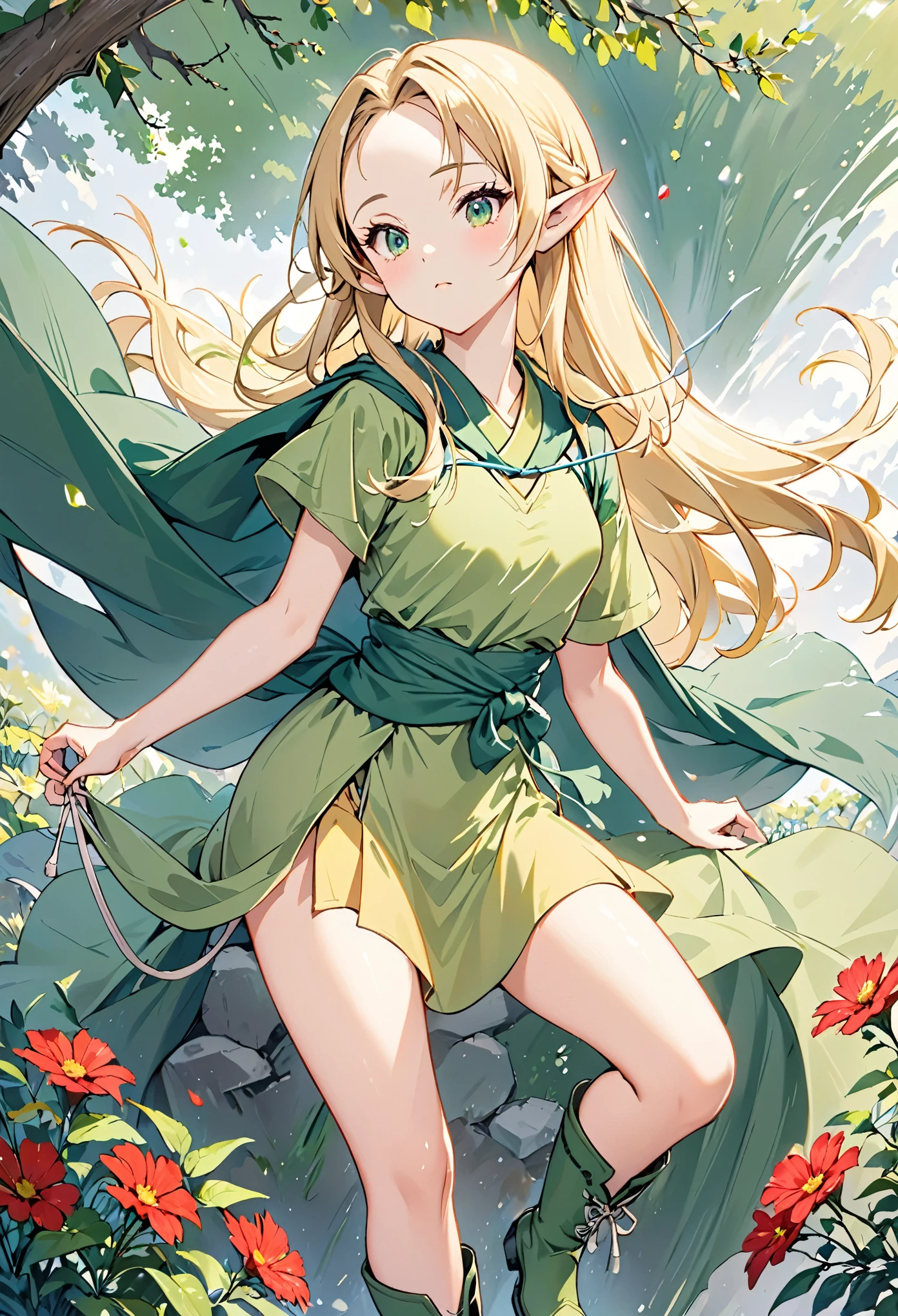 1girl, elf, blonde long hair, ((forehead)), green eyes, yellow-green tunic with short sleeves, green soft boots, green cloak draped around shoulders, bare thighs, slender, , string tied around waist,