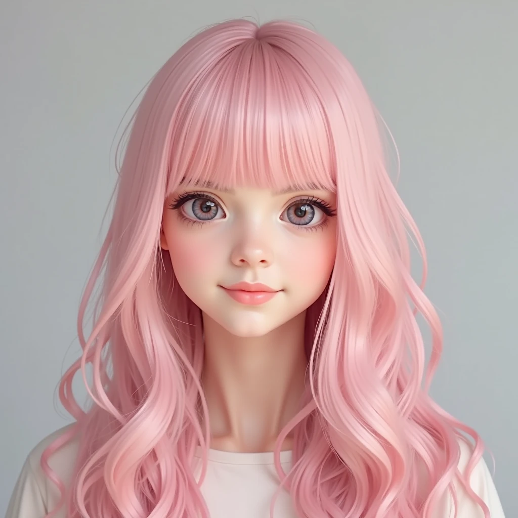 High-quality, pale pink long hair, blunt bangs, cute and gentle