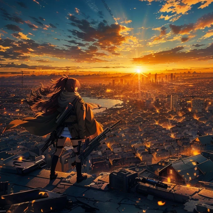 anime, anime art, sunset, city, girl, cityscape, sunset, cityscape, cityscape, cityscape, cityscape, (attack on titans anime), watching the sun set. anime, attack on titan scenery, 4k anime wallpaper, anime wallpaper 4k, anime wallpaper 4 k, amazing wallpaper, 4 k manga wallpaper, from attack on titan, anime epic artwork, ((girl has a gun and gunshot))