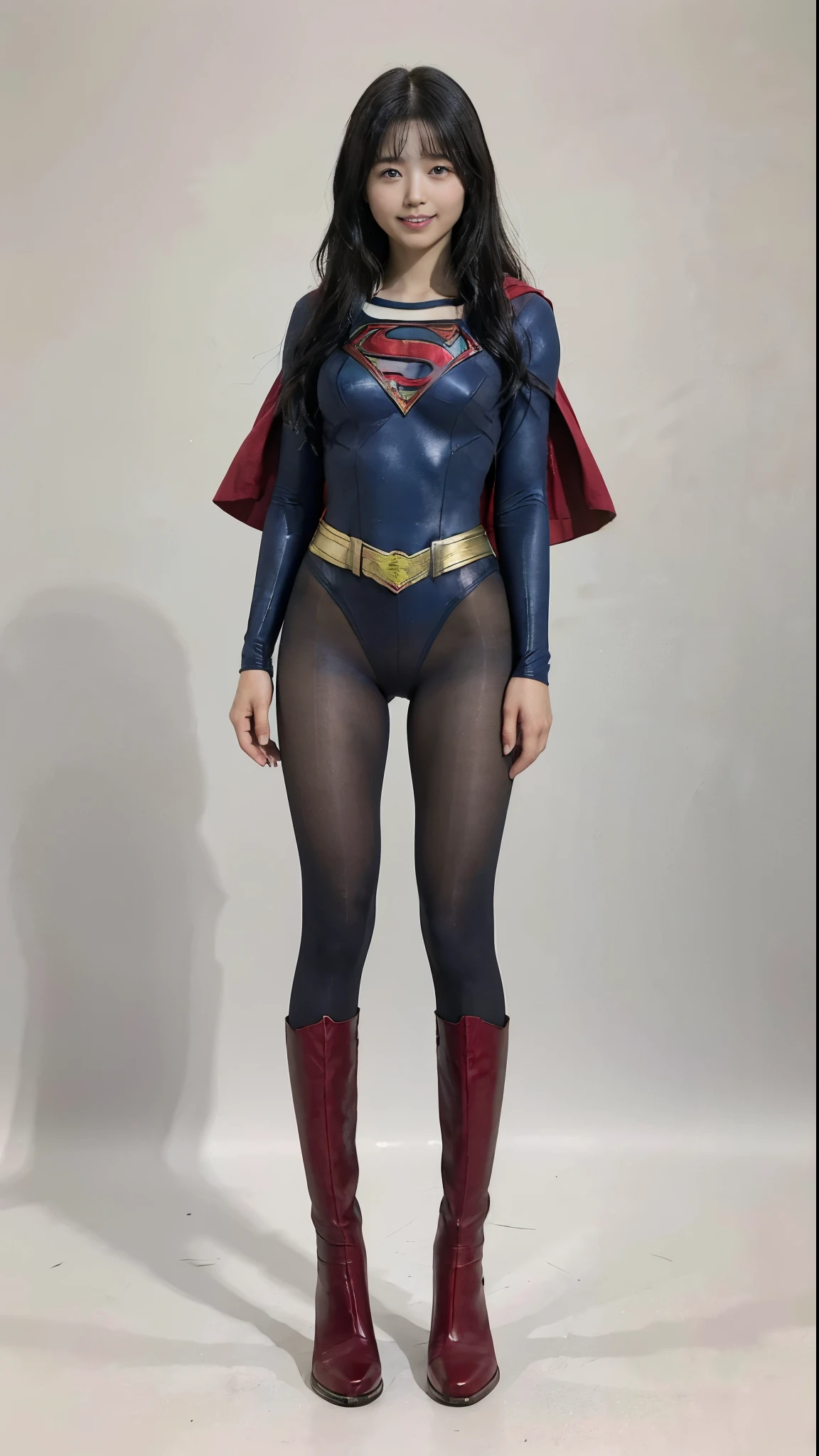 No background、(((Beautiful legs in black tights.)))、(((Legally express the beauty of your smile)))、((((Make the most of your original images)))、(((Supergirl Costume)))、(((Beautiful Hair)))、(((suffering)))、(((Please wear black tights....、Wear red boots)))、((Best image quality、8k))、((Highest quality、8k、masterpiece:1.3))、(((Preserve background )))、Sharp focus:1.2、Beautiful woman with perfect figure:1.4、Slim Abs:1.2、Wet body:1.5、Highly detailed face and skin texture、8k