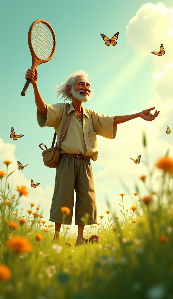 Uncle Tu is an elderly man, Lean with gray hair and tanned skin. He usually wears simple clothes like old shirts, Long pants and flip-flops. Catching grasshoppers with a racket
3D animation