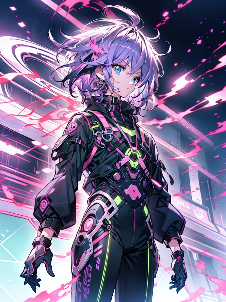 Anime Boy, Neon purple hair, And pink color, wounds, a sticker, Neon style throughout the shot, Cool pose,Neon background