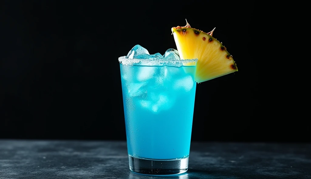 full shot photography upper angle shot with a strong accent to cocktail blue Daiquiri with slice of ananas on the side on the ice , the black background tropical aesthetics food book photography 35 mm movie frame epic scene cinematic 3d, strong 8k uhd quality