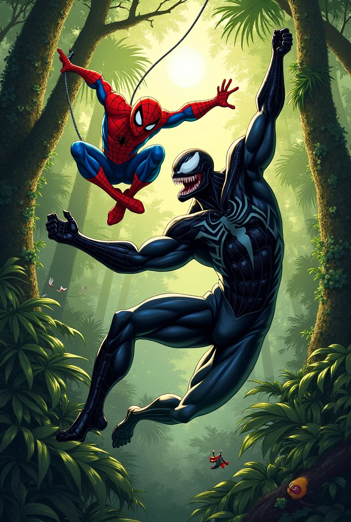 As the story unfolds, Spider-Man swings through the towering trees, using his agility and quick thinking to gain the upper hand. Venom, on the other hand, uses the wild terrain to his advantage, blending into the shadows of the dense foliage and striking with ferocious strength. The rainforest comes alive around them, with animals scattering and the environment itself becoming a weapon in their epic clash.