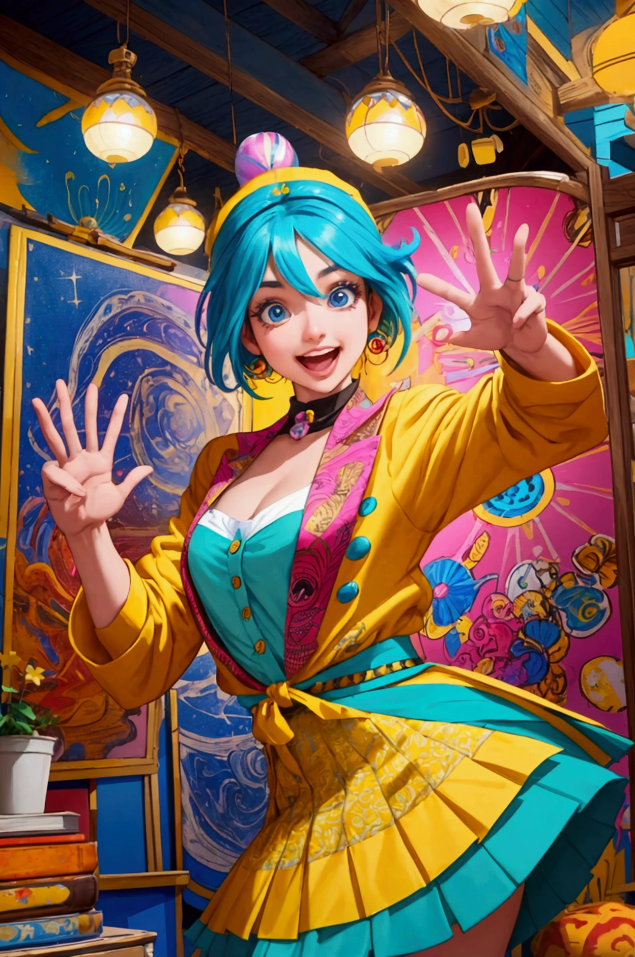 "A vibrant, energetic individual with a contagious smile and sparkling eyes full of curiosity and enthusiasm. Expressive face with animated features. Tousled, stylish hair with perhaps a pop of unconventional color. Dressed in eclectic, colorful clothing that mixes patterns and textures. Surrounded by various creative projects, art supplies, and inspirational quotes. In mid-motion, as if excitedly explaining an idea or embarking on a new adventure. Background shows a mix of travel memorabilia, books, and whimsical decorations. Body language is open and engaging, gesturing expressively. Warm, dynamic lighting that creates a sense of movement and energy. An aura of spontaneity and creativity radiates from their presence."