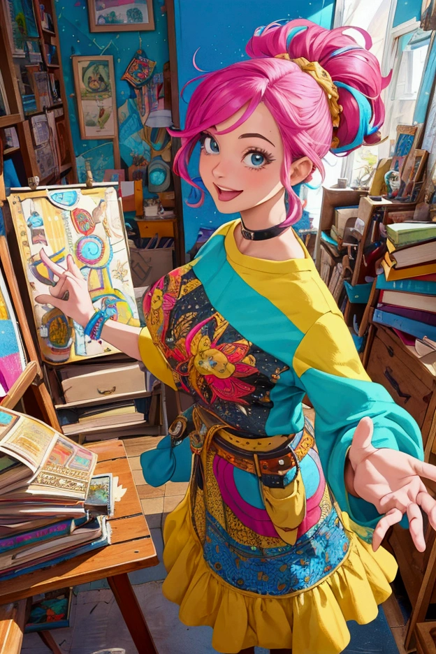 "A vibrant, energetic individual with a contagious smile and sparkling eyes full of curiosity and enthusiasm. Expressive face with animated features. Tousled, stylish hair with perhaps a pop of unconventional color. Dressed in eclectic, colorful clothing that mixes patterns and textures. Surrounded by various creative projects, art supplies, and inspirational quotes. In mid-motion, as if excitedly explaining an idea or embarking on a new adventure. Background shows a mix of travel memorabilia, books, and whimsical decorations. Body language is open and engaging, gesturing expressively. Warm, dynamic lighting that creates a sense of movement and energy. An aura of spontaneity and creativity radiates from their presence."
