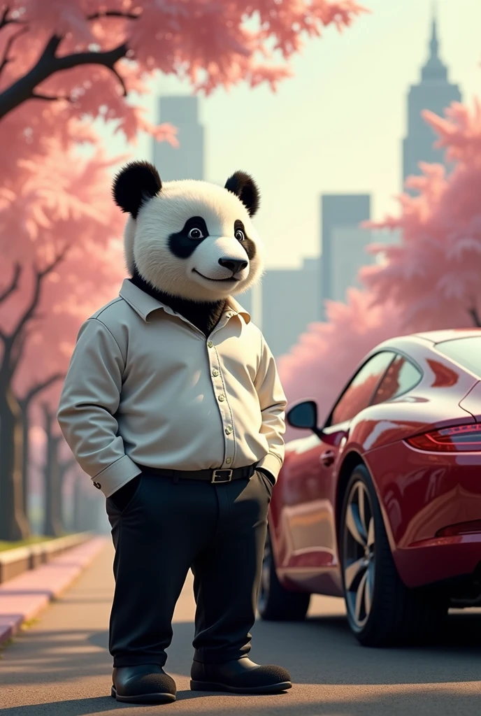 I want a picture of a panda bear wearing a classy outfit, a white elegant shirt and a long, beautiful black pants, with a car next to him.